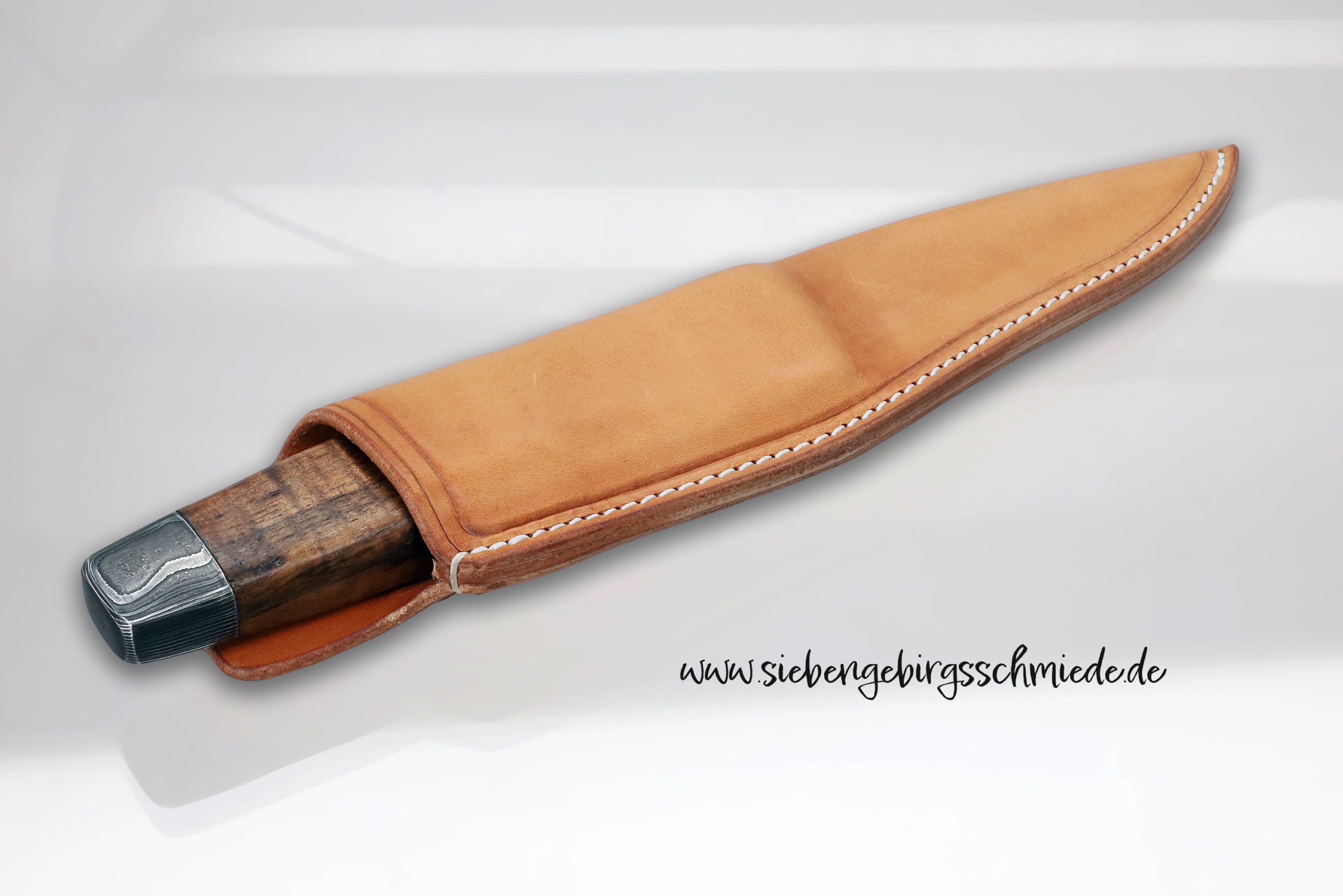 siebengebirgsschmiede.de | Damast Jagdmesser mit Lederscheide, Holzgriff 1